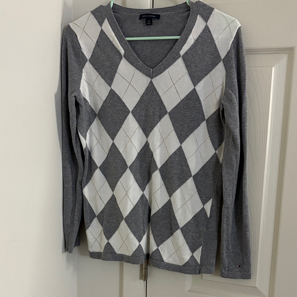 Tommy Hilfiger Gray and White Argyle Sweatshirt